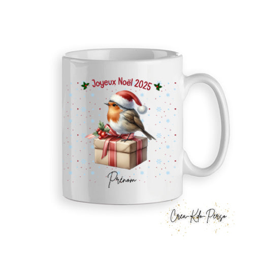 Mug tasse personnalisé cadeau Joyeux Noël avec petit oiseau rouge gorge avec son bonnet