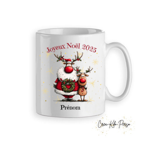 Mug tasse personnalisé cadeau Joyeux Noël avec père Noël et son petit renne