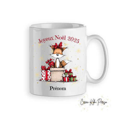Mug tasse personnalisé cadeau Joyeux Noël avec petit renard et ses cadeaux