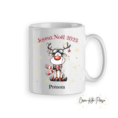 Mug tasse personnalisé cadeau Joyeux Noël avec petit renne et son écharpe rouge