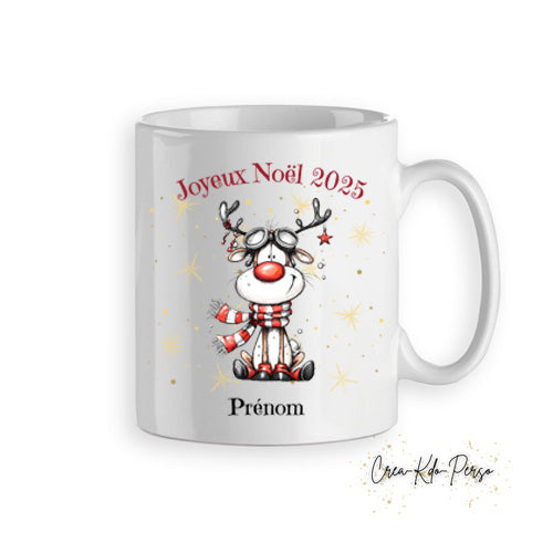 Mug tasse personnalisé cadeau Joyeux Noël avec petit renne et son écharpe rouge