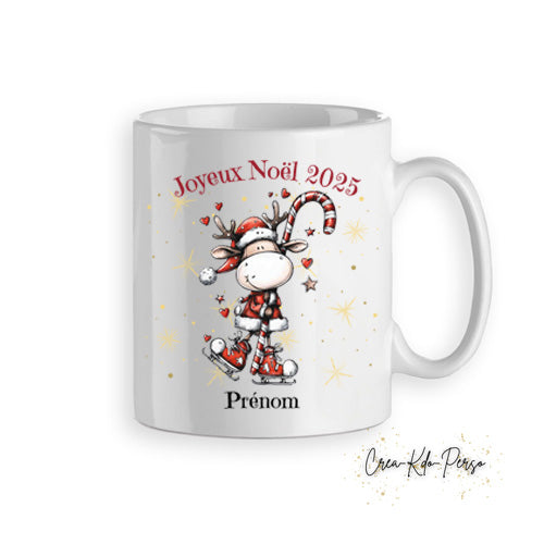 Mug tasse personnalisé cadeau Joyeux Noël avec petit renne patin à glace et sucre d'orge