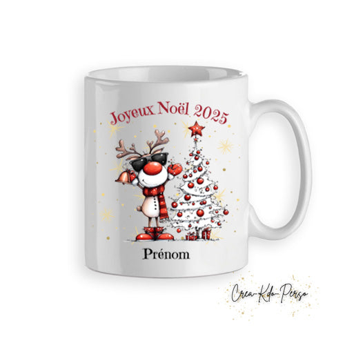 Mug tasse personnalisé cadeau Joyeux Noël avec petit renne et son sapin