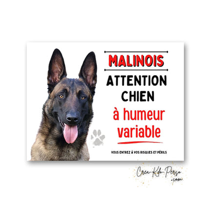 Plaque humoristique en aluminium Attention Chien à humeur variable avec portrait de Berger Belge Malinois, petite patte imprimée et mention Vous entrez à vos risques et périls
