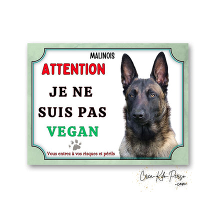 Plaque humoristique Attention Malinois Je ne suis pas vegan avec la mention Vous entrez à vos risques et périls et portrait de Berger Belge.