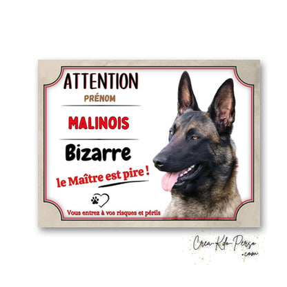 Plaque humoristique de garde pour chien Malinois avec texte ATTENTION Chien Bizarre le Maître est pire et portrait de Berger Belge.