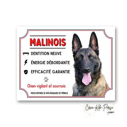 Plaque humoristique en aluminium Malinois Dentition neuve, Énergie débordante, Efficacité garantie, Chien vigilant et sournois avec portrait de Berger Belge et mention Vous entrez à vos risques et périls