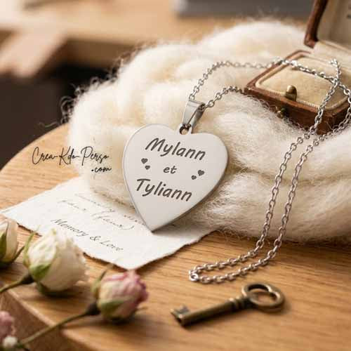 Pendentif bijou forme Cœur Personnalisé avec Gravure texte – Collier cadeau prénom enfants