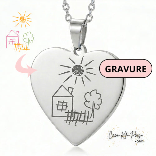 Pendentif Cœur Personnalisé avec Gravure dessin de votre enfant Collier Bijou