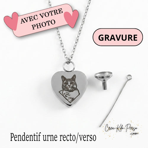 Pendentif Urne Cœur Personnalisé Photo et Texte – Bijou Commémoratif pour Cendres – Gravure Recto/Verso