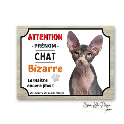 Plaque humoristique en aluminium avec chat Sphynx sans poil et texte Attention Chat Bizarre