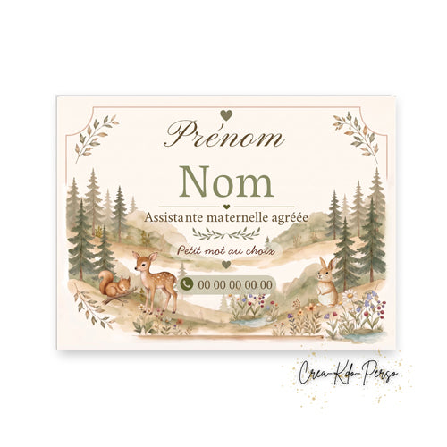 Plaque professionnelle personnalisée pour assistante maternelle agréée avec illustration aquarelle animaux de la forêt et faon