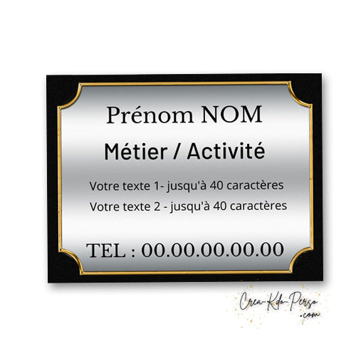 Plaque professionnelle personnalisable en aluminium argenté avec bordure dorée et cadre noir pour usage extérieur
