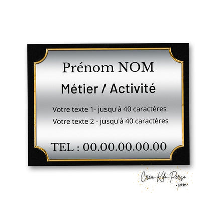Plaque professionnelle personnalisable en aluminium argenté avec bordure dorée et cadre noir pour usage extérieur