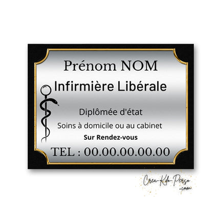 Plaque professionnelle pour infirmière libérale en aluminium argenté avec caducée médical pour extérieur.