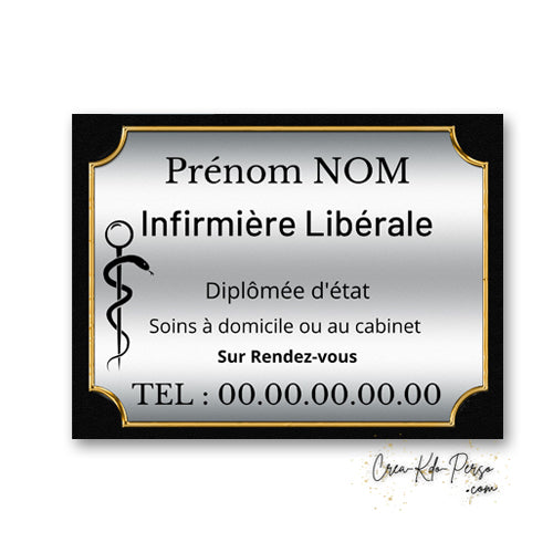 Plaque professionnelle pour infirmière libérale en aluminium argenté avec caducée médical pour extérieur.