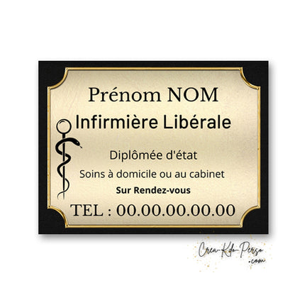 Plaque professionnelle personnalisable infirmière libérale en aluminium doré résistante aux UV