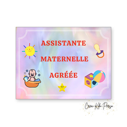 Plaque Assistante Maternelle agréée personnalisée motif jouets colorées