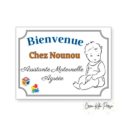 Plaque Assistante Maternelle agréée personnalisée motif enfant assis