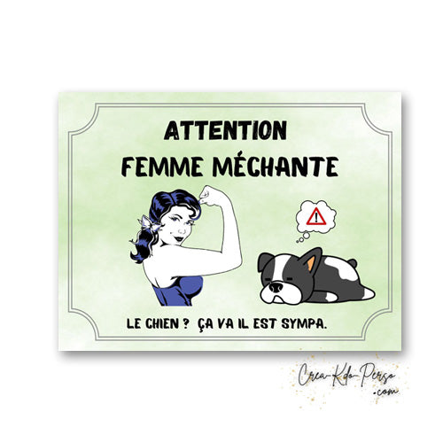 Plaque humour Attention Femme Méchante chien gentil modèle chien endormi