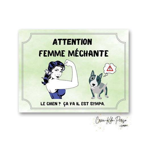 Plaque humour Attention Femme Méchante chien gentil modèle Bull Terrier