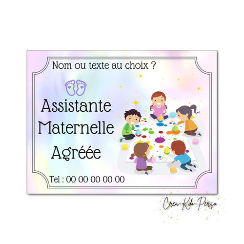 Plaque personnalisée assistante maternelle agréée illustration enfants peinture colorée