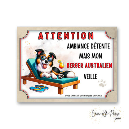 plaque panneau humour attention chien  berger australien veille ambiance detente  2 prenom 