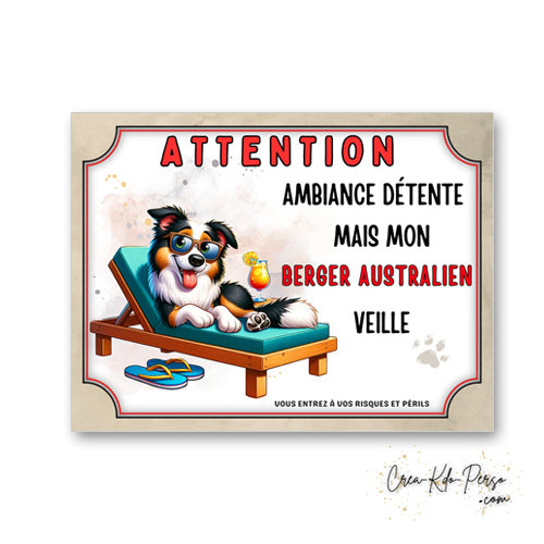 plaque panneau humour attention chien  berger australien veille ambiance detente  2 prenom 