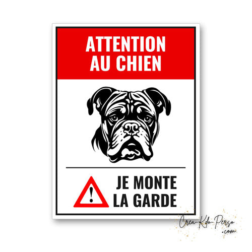 Plaque Attention au chien Bulldog panneau de portail je monte la garde