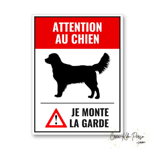 Plaque Attention au chien Golden Retriever panneau de portail je monte la garde