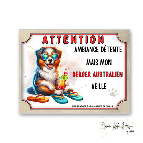 plaque panneau humour attention chien  berger australien veille ambiance detente  2 prenom 