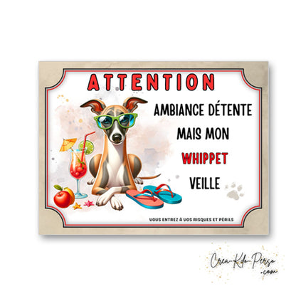 plaque panneau humour attention chien whippet veille ambiance detente  