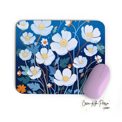 Tapis de souris rectangle souple thème florale fleurs de Pâquerettes sur fond bleu nuit