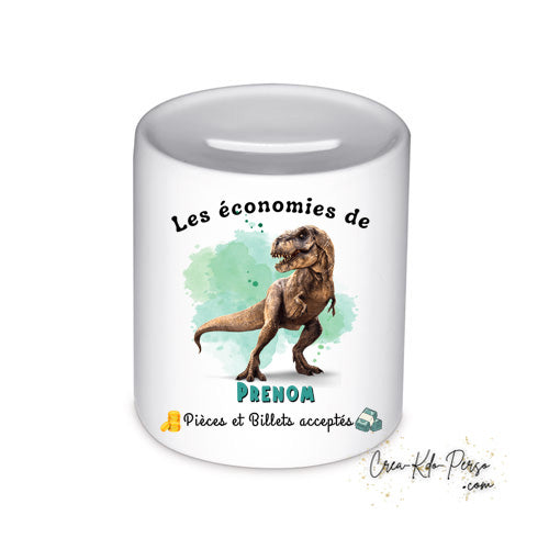 Tirelire céramique personnalisée prénom motif dinosaure Tyrannosaure T-rex