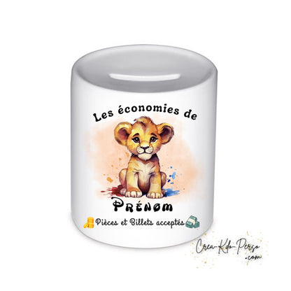 Tirelire céramique personnalisée prénom motif lionceau style roi lion